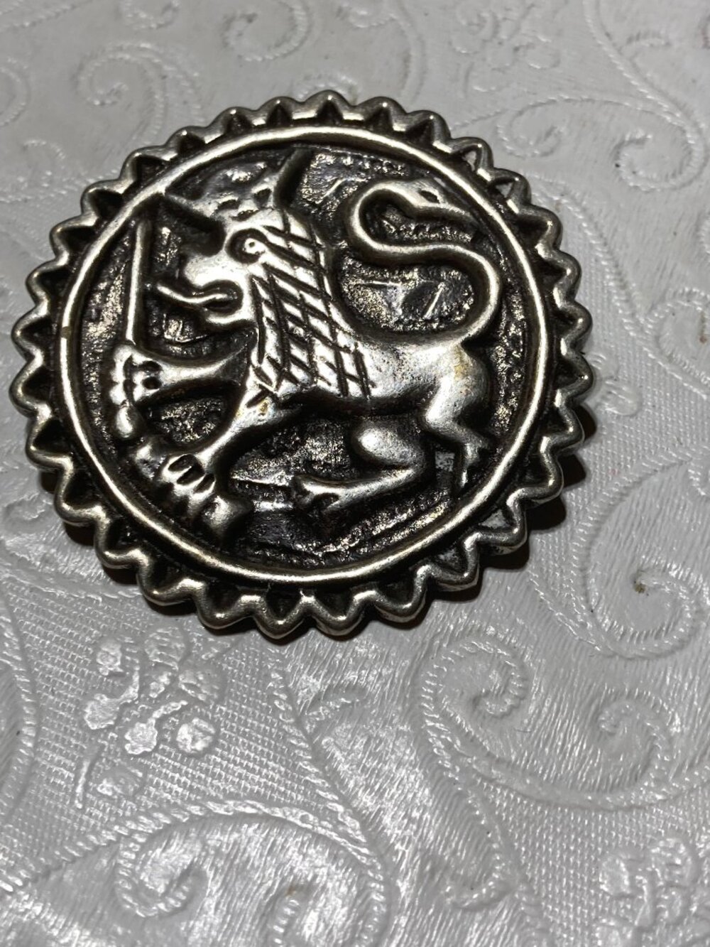 Norway Round Lion Modernist Pin Brooch 1.75" National Symbol Crown Scepter